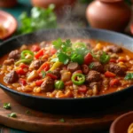 A sizzling skillet of traditional Mexican Discada Recipe with beef, chorizo, bell peppers, onions, and tomatoes, garnished with lime and cilantro.