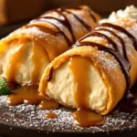 Golden-brown xango dessert slices with creamy cheesecake filling, fresh strawberries, and mango, drizzled with caramel sauce.
