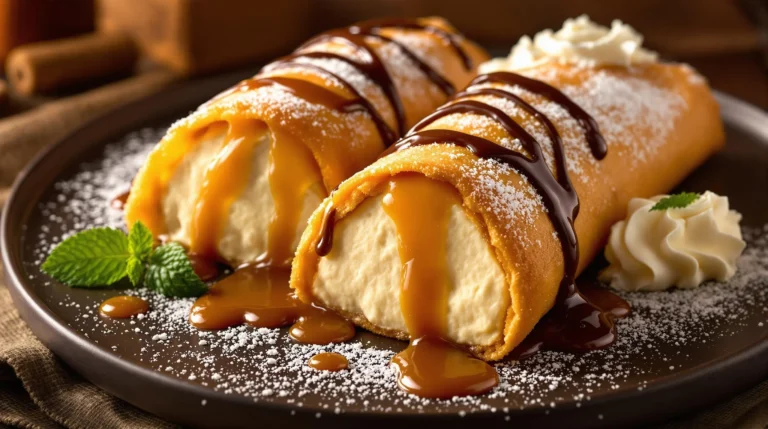 Golden-brown xango dessert slices with creamy cheesecake filling, fresh strawberries, and mango, drizzled with caramel sauce.