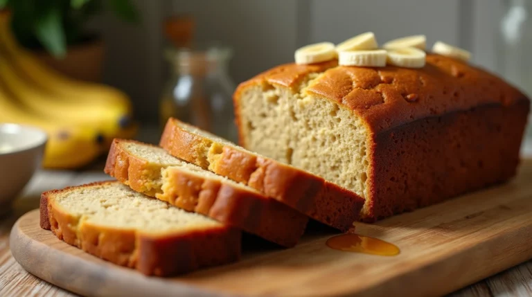 Homemade banana bread made with 2 bananas, featuring a rich, golden loaf with banana and honey toppings.