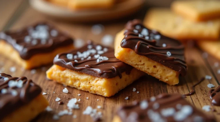 Peanut butter-filled crackers dipped in chocolate on a rustic wooden tray, ready to serve." (Keywords: best recipe for cheez it peanut butter and chocolate, Peanut butter-filled crackers dipped in chocolate