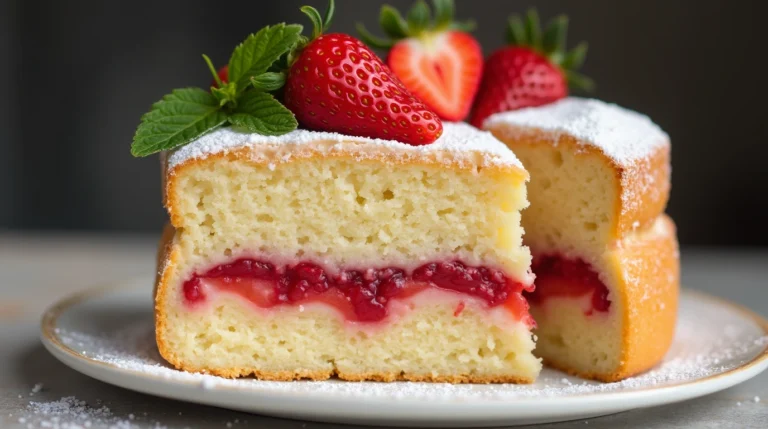 A close-up slice of cake with strawberry filling, showcasing moist vanilla layers and vibrant strawberry filling, garnished with fresh strawberries and mint leaves.