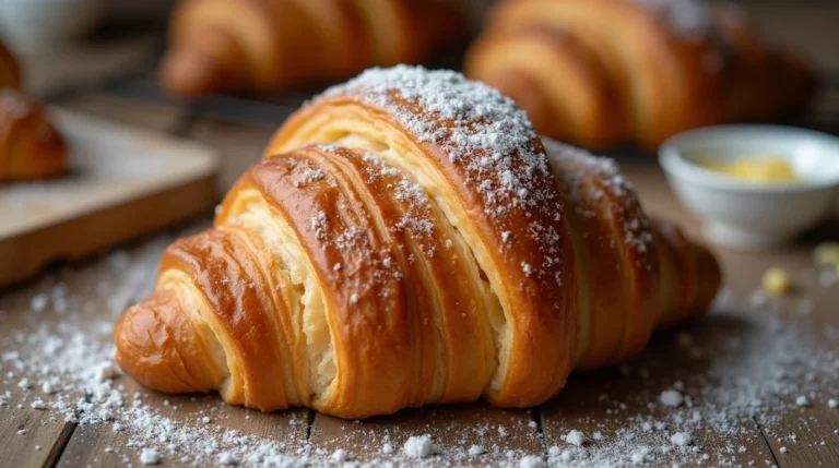 Freshly baked gipfeli recipe (Swiss croissants) with flaky, golden layers on a wooden table.