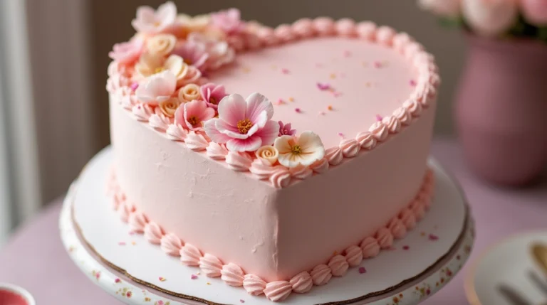 Elegant heart-shaped cake decorated with soft frosting and heart-shaped accents.