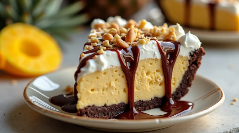 A slice of Hula Pie Recipe on a hula pie plate, featuring layers of chocolate crust, macadamia nut ice cream, fudge, and whipped cream.