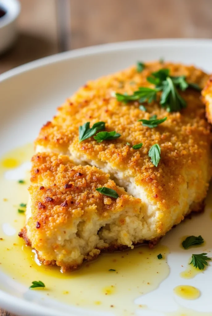 Close-up of golden, crispy Longhorn Parmesan Crusted Chicken with a Parmesan-Panko crust and garlic butter drizzle.