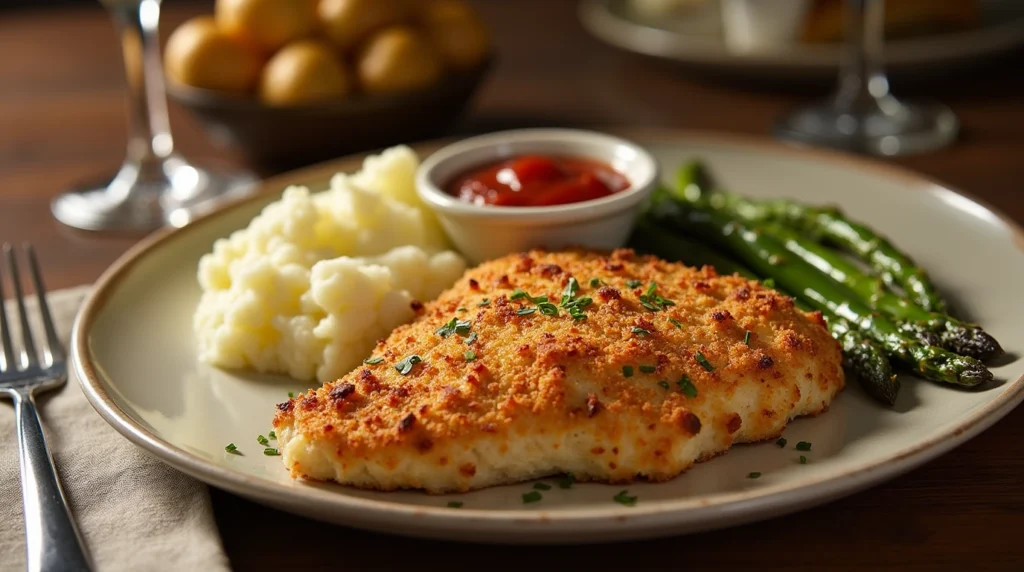 Longhorn Parmesan Crusted Chicken served with mashed potatoes, asparagus, and marinara sauce.