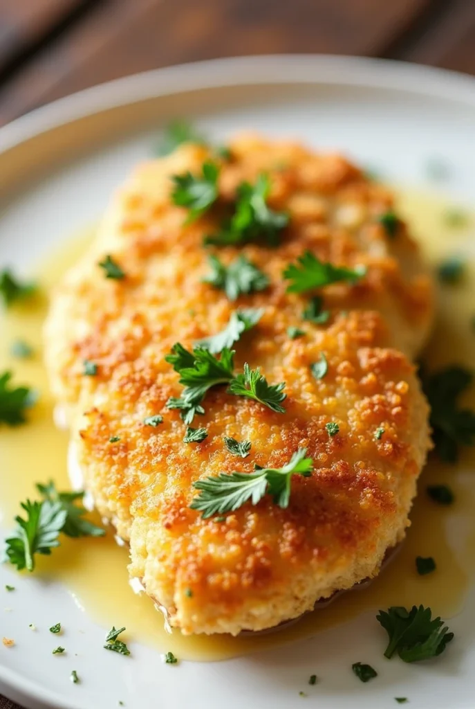 Extreme close-up of juicy Longhorn Parmesan Crusted Chicken, showcasing its crispy, cheesy coating and fresh parsley garnish.