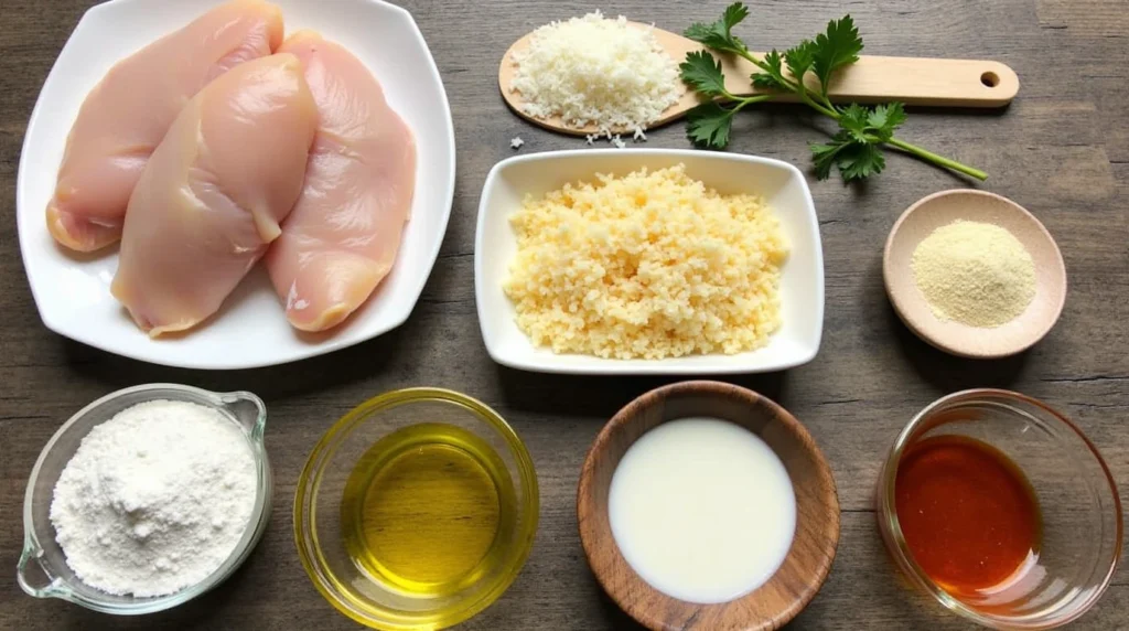 Ingredients for Longhorn Parmesan Crusted Chicken recipe arranged on a wooden table.
