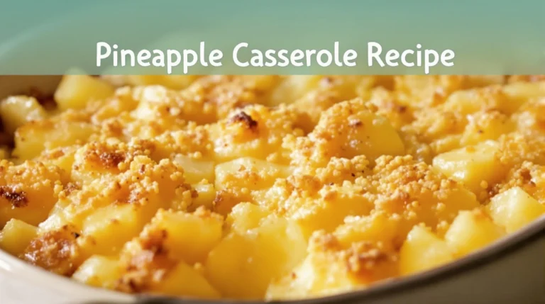 Close-up of pineapple casserole with creative toppings like pecans and coconut.