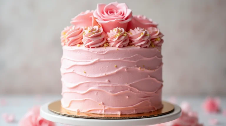 Close-up of a stunning pink cake with delicate buttercream frosting, perfect for a pink birthday cake celebration.