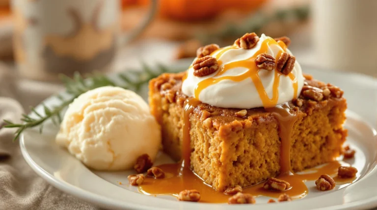 Slice of recipe for pumpkin dump cake with whipped cream and caramel on a festive table.