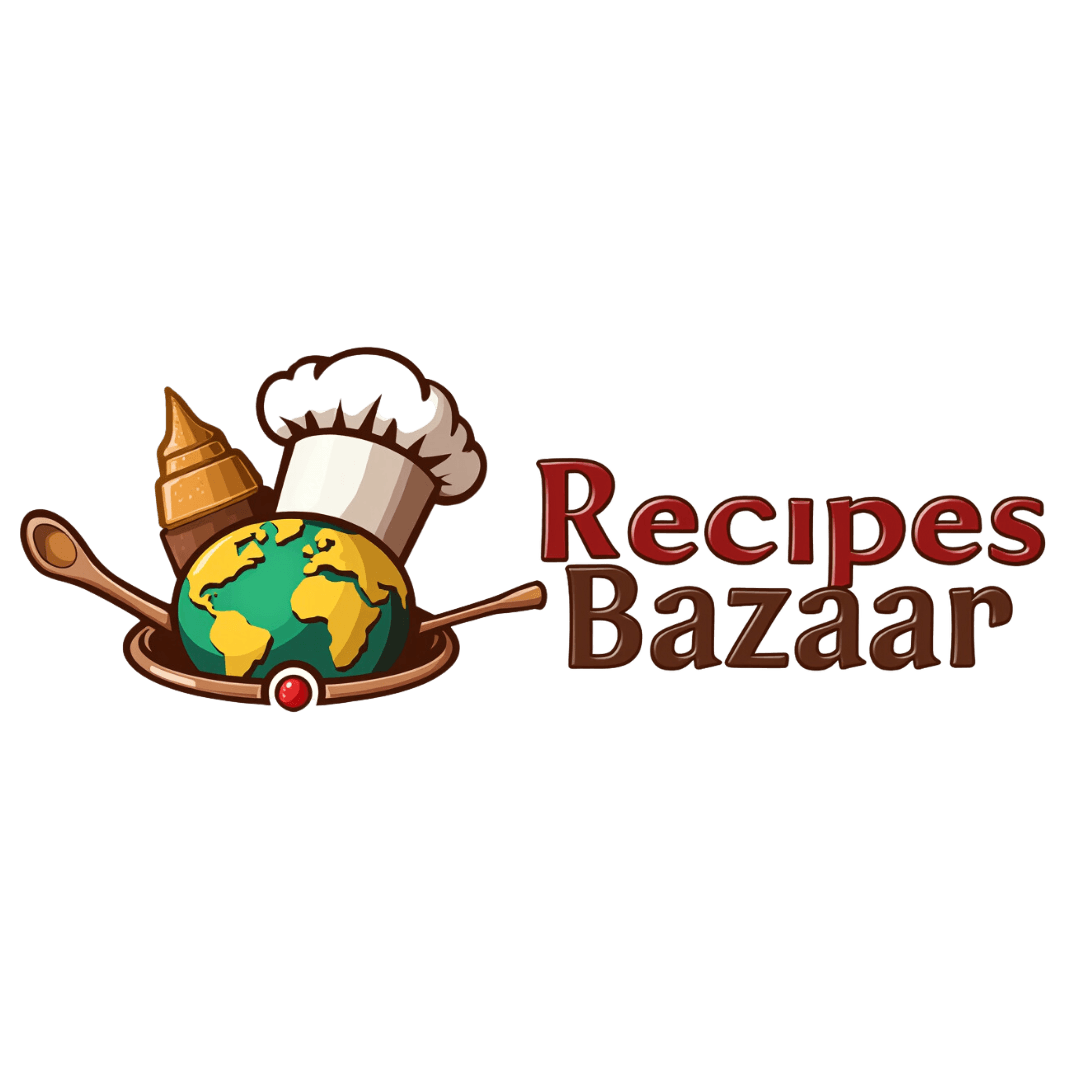 Recipes Bazaar logo featuring a stylized cooking pot or whisk with the text 'Recipes Bazaar' in elegant typography, representing a global recipe blog.
