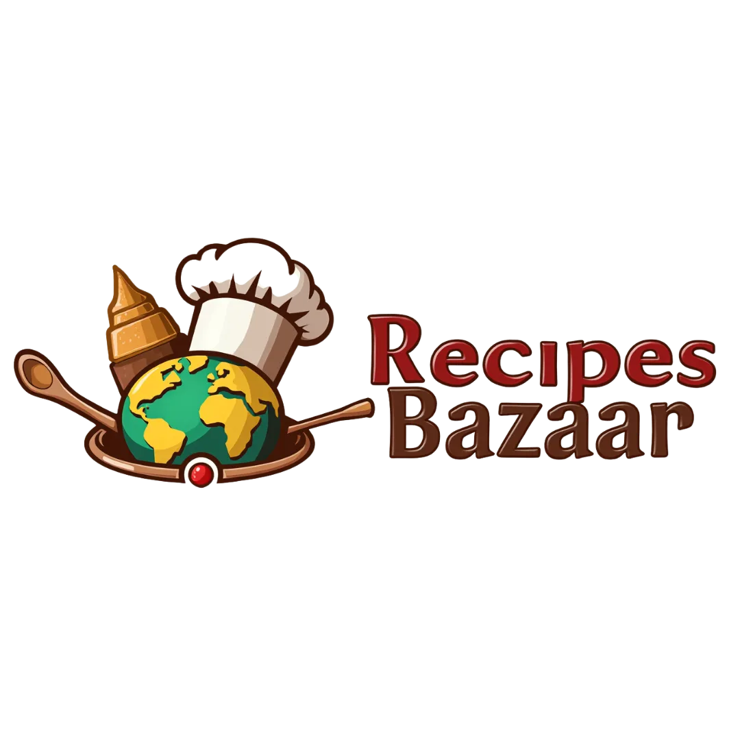 Recipes Bazaar logo featuring a stylized cooking pot or whisk with the text 'Recipes Bazaar' in elegant typography, representing a global recipe blog.