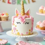 Whimsical unicorn cake with colorful layers, rainbow sprinkles, and a sparkling fondant horn, perfect for celebrations.