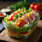 A close-up shot of a vibrant sub in a tub recipe layered with fresh ingredients like lettuce, deli meats, cheese, and veggies.